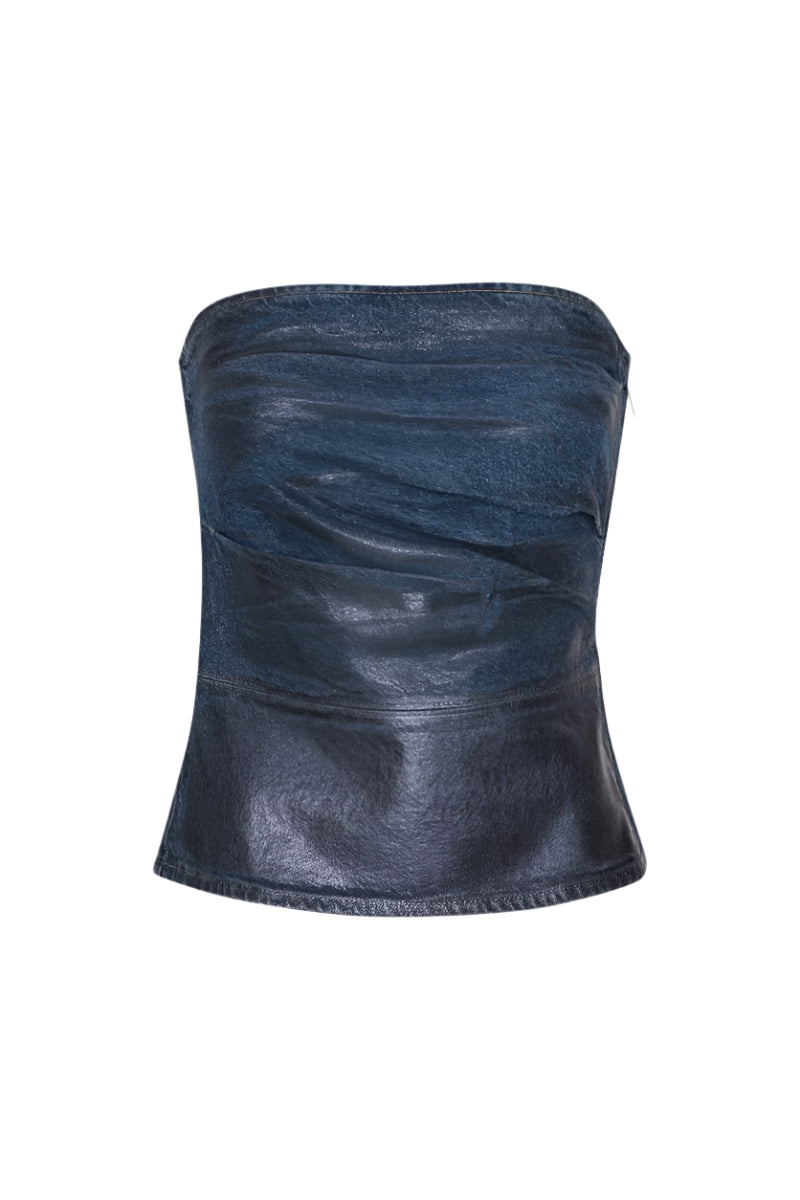 Coated Strapless Denim Top