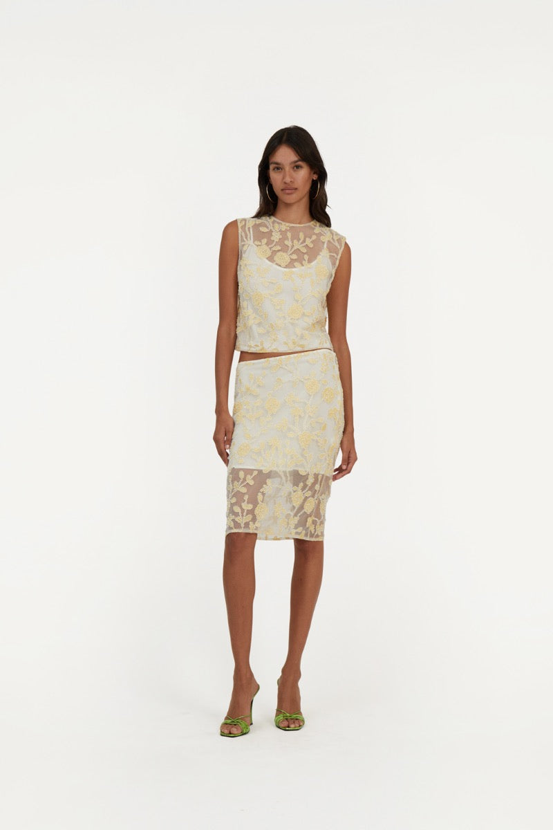 Flower Beads Pencil Skirt Yellow