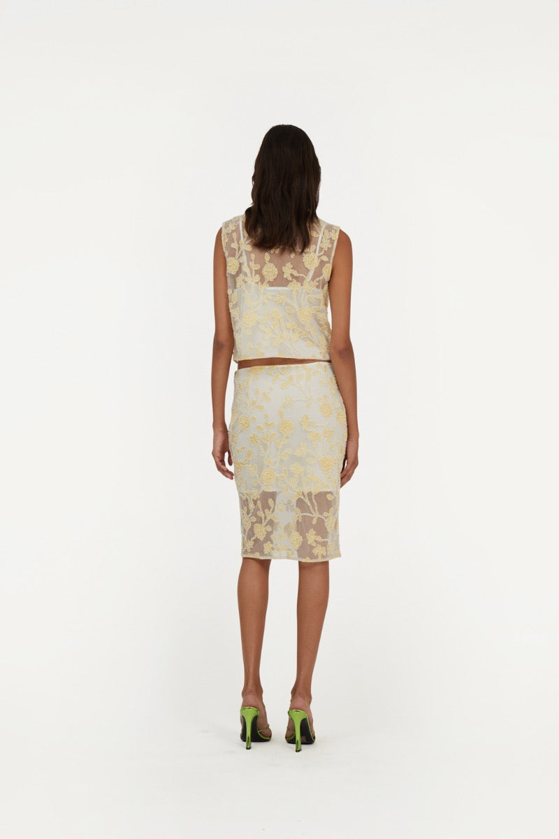 Flower Beads Pencil Skirt Yellow