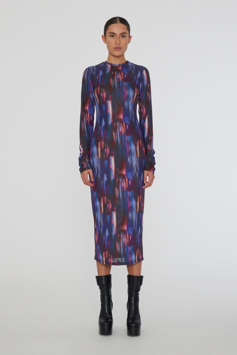 Printed Mesh Midi Dress