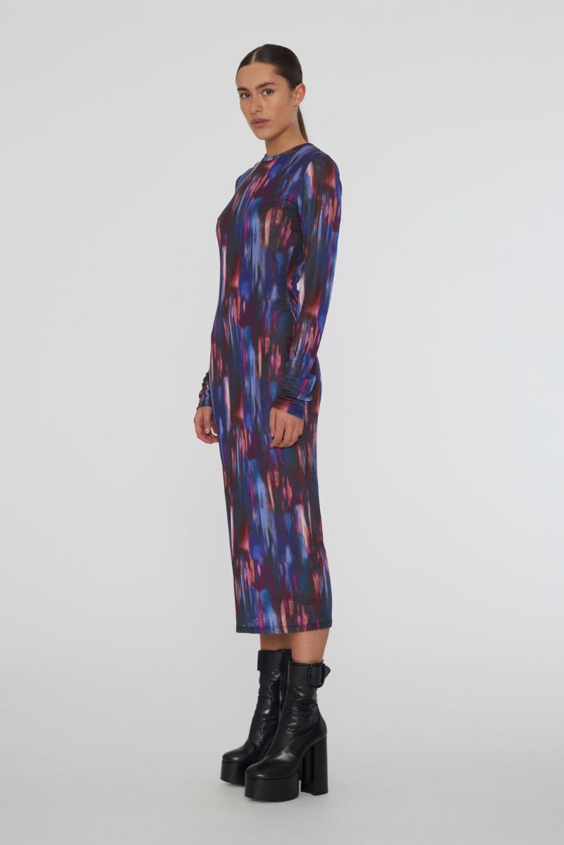 Printed Mesh Midi Dress