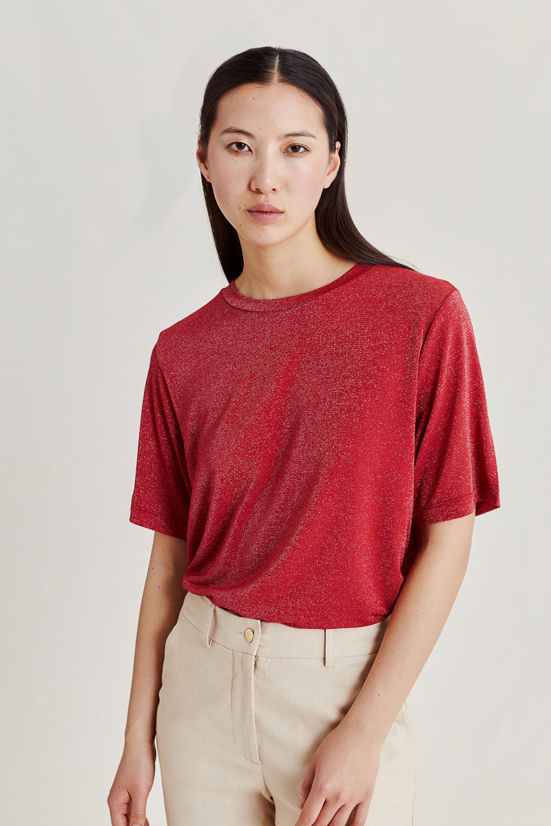 Iora Lurex Jersey Boxy T-Shirt Magenta