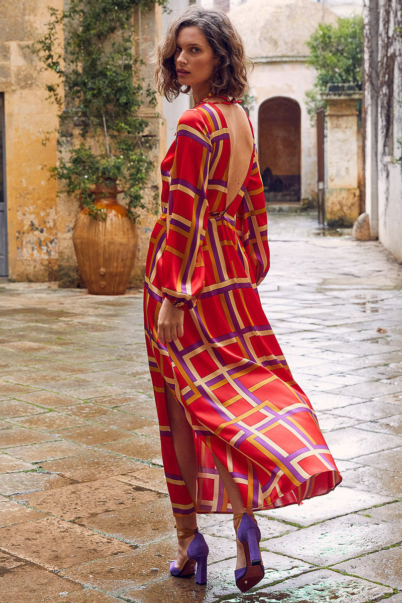 Auguste Dress in Printed Stretch Satin Silk