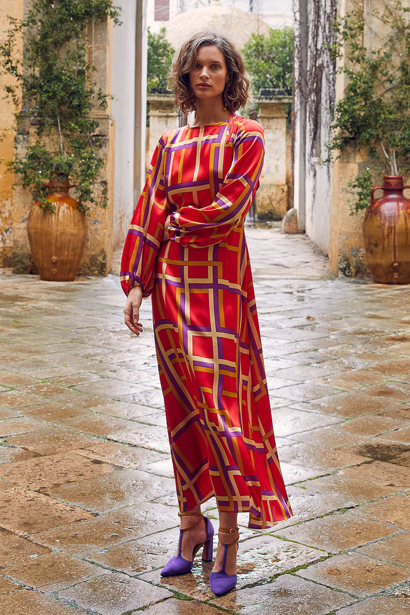 Auguste Dress in Printed Stretch Satin Silk