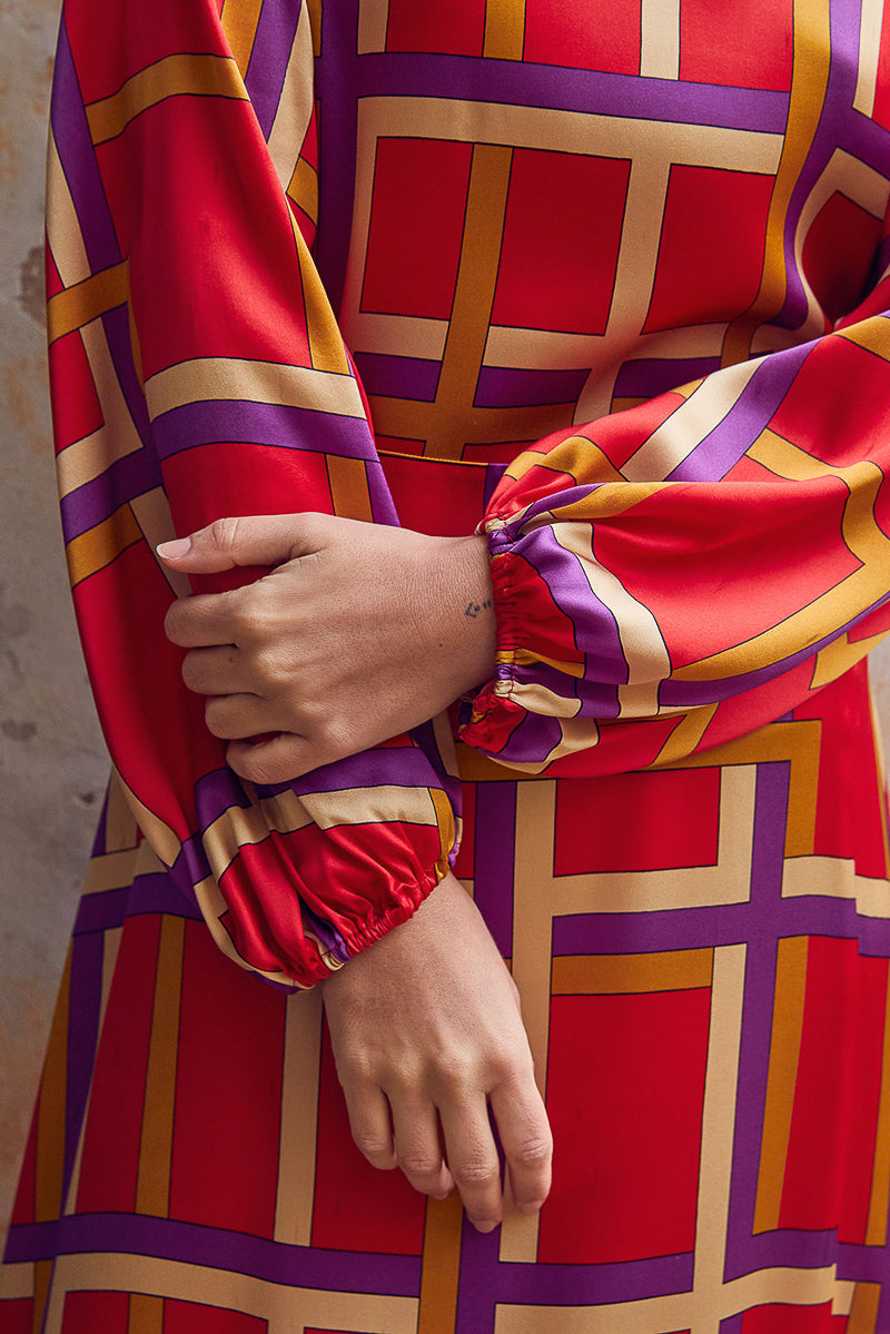 Auguste Dress in Printed Stretch Satin Silk