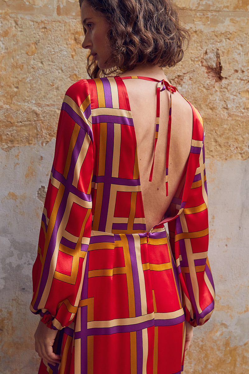 Auguste Dress in Printed Stretch Satin Silk