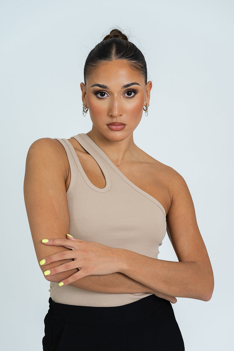 One Shoulder Rib Jersey Cut-Out Top