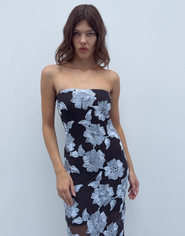 Flower Mesh Tube Dress Gray