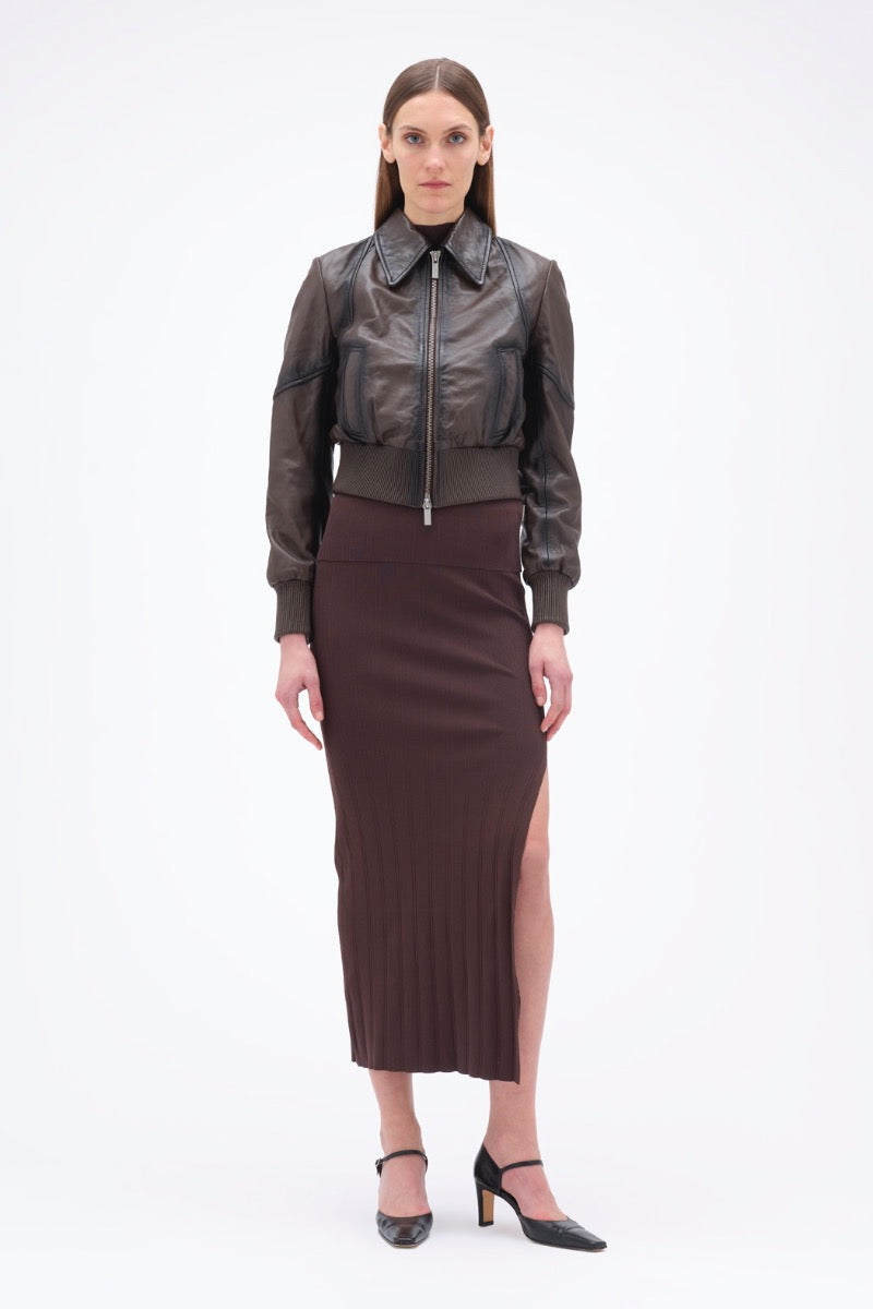 Short Leather Bomber Jacket