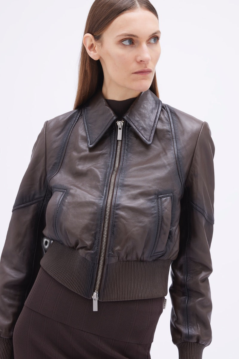 Short Leather Bomber Jacket