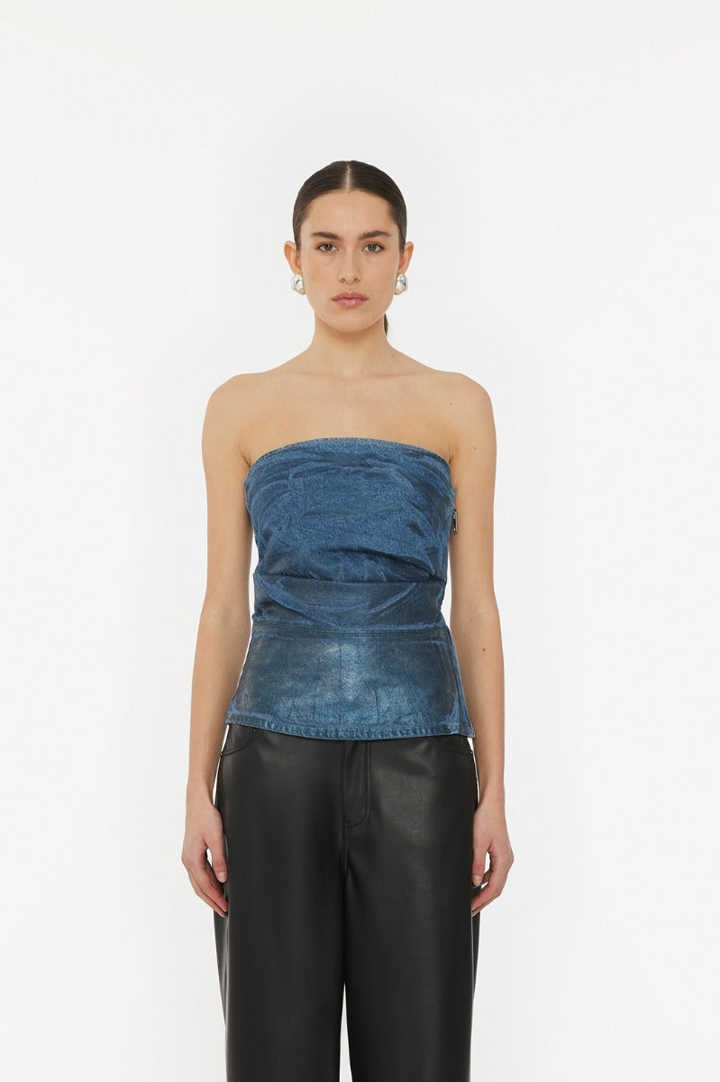 Coated Strapless Denim Top