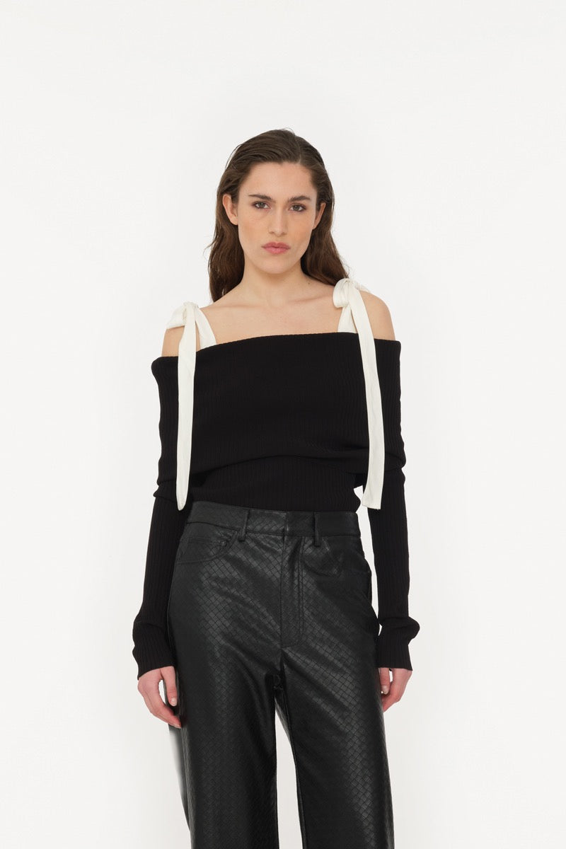 Off Shoulder Strap Bow Knit