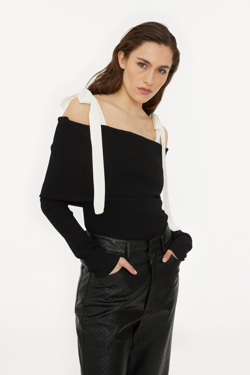 Off Shoulder Strap Bow Knit