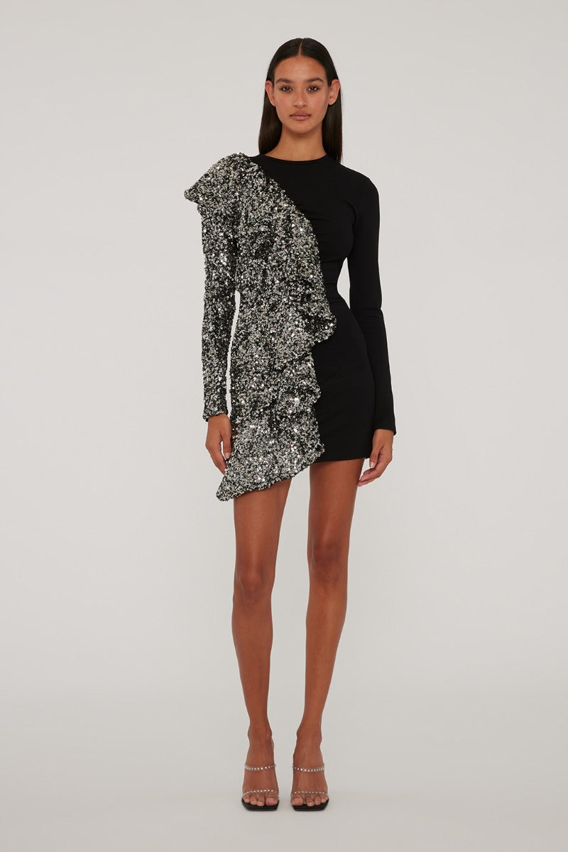 Sequin Ruffle Long Sleeve Dress
